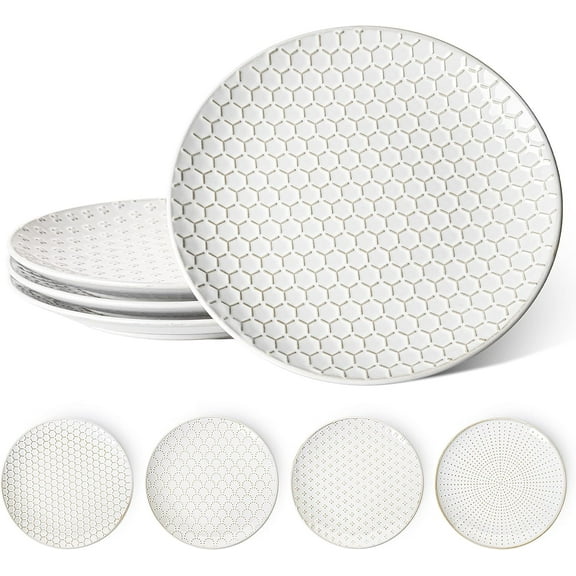 LE TAUCI Dinner Plates Set of 4, 10 Inch Ceramic Embossed Serving Dish Sets, Microwave, Oven, and Dishwasher Safe, Arctic white