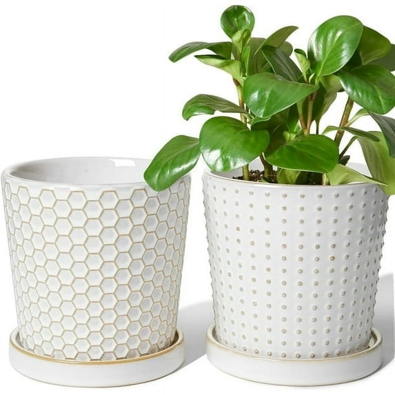 LE TAUCI Embossed Ceramic Plant Pots, Set of 2, 5.4 Inch Flower Pots for Indoor Plants, Planters with Drainage Hole and Saucer, for Snake Plants Cactus, Reactive Glaze White