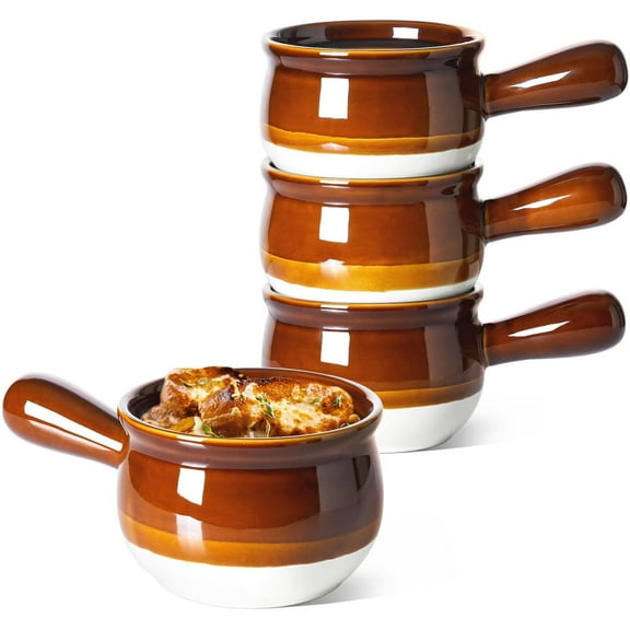 LE TAUCI 16 oz French Onion Soup Bowls, 4-Piece Ceramic Crocks with Handles, Oven & Microwave Safe Stackable Stoneware for Soup, Stew, and Baking Bowls