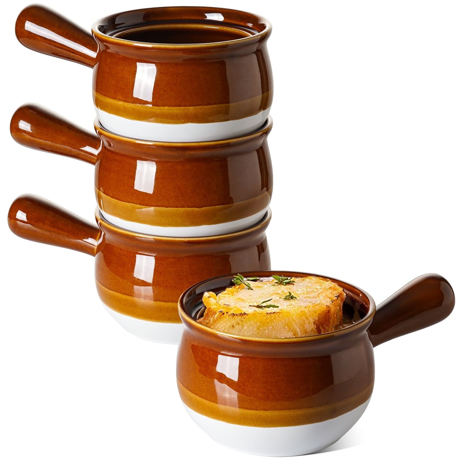 LE TAUCI 22 oz French Onion Soup Bowls, 4-Piece Ceramic Crocks with Handles, Oven & Microwave Safe Brown Stoneware, Stackable Bowls for Chili, Stew & Baking Soup Bowls