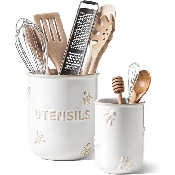 LE TAUCI Kitchen Utensil Holder Set of 2 - 6.9"+5.3" Large Ceramic Cooking Utensil Crock & Organizer for Spatula, Spoon, Whisk - Farmhouse Countertop Storage, Arctic White, Embossed, Bee