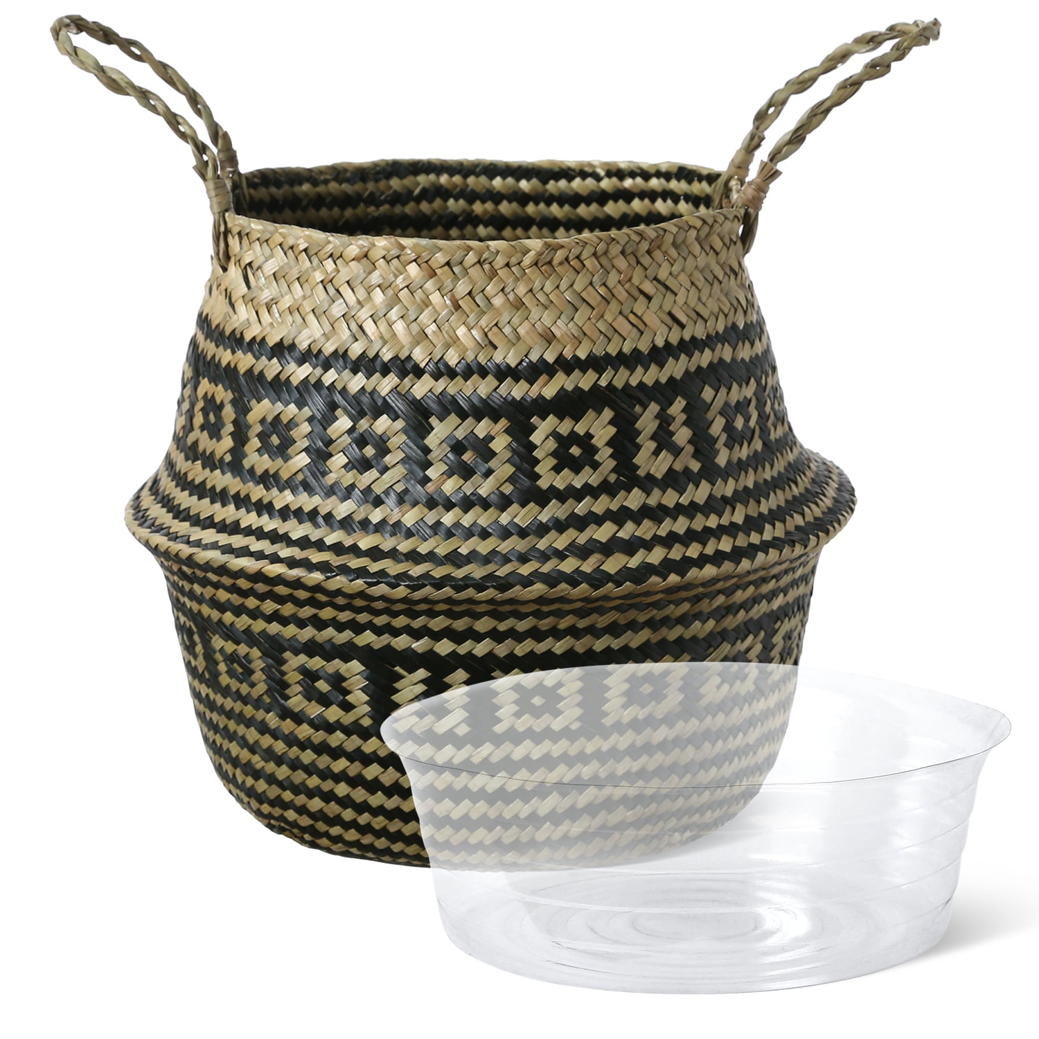 LE TAUCI Plant Basket, 7 inch Small Black Flower Woven Seagrass Belly Baskets, Home Boho Decor, Storage Laundry Picnic Grocery Straw Bag