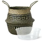 LE TAUCI Plant Basket, 7 inch Small Black Flower Woven Seagrass Belly Baskets, Home Boho Decor, Storage Laundry Picnic Grocery Straw Bag