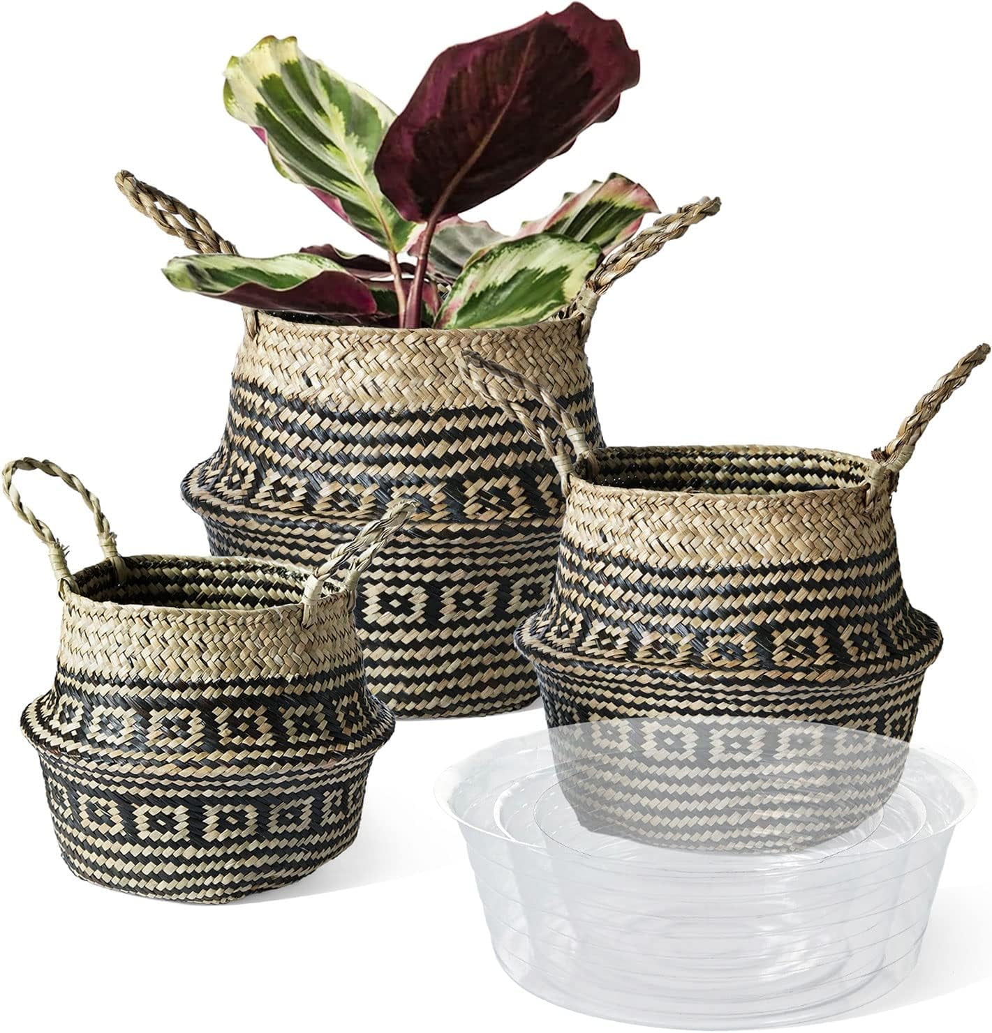 LE TAUCI Plant Basket, S+M+L Black Flower Woven Seagrass Belly Planter Baskets, Set of 3