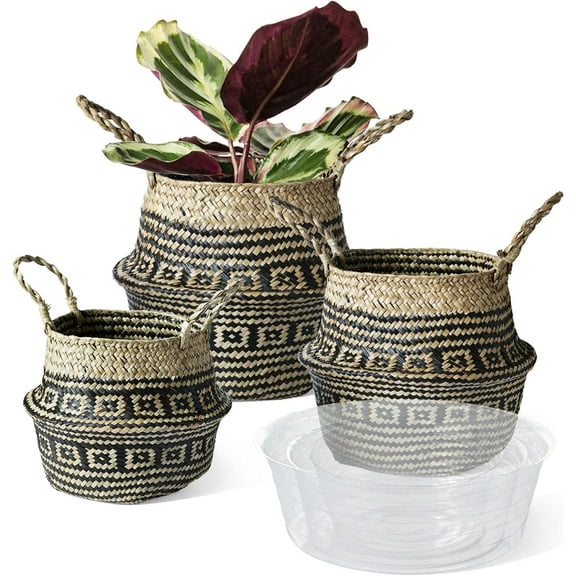 LE TAUCI Plant Basket, S+M+L Black Flower Woven Seagrass Belly Planter Baskets, Set of 3
