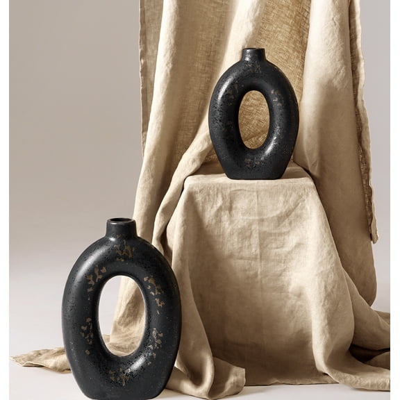 LE TAUCI 8.5“+10.5“ Ceramic Vases for Home Decor, Set of 2 Donut Vases, Modern Vase, White Vases, Farmhouse Vase, Decorative Vase, Round Vase for Bookshelf, Mantel, Table, Fireplace Decor