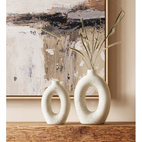 LE TAUCI 10.5" & 8.5" Ceramic Vase, Decorative White Donut Vase for Home Decor, Modern Farmhouse Neutral Flower Vase for Table Centerpiece, Living Room, Shelf, Entryway, Set of 2 Vase