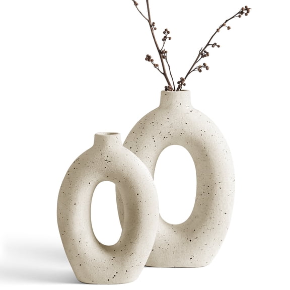 LE TAUCI 10.5" & 8.5" Ceramic Vase, Decorative White Donut Vase for Home Decor, Modern Farmhouse Neutral Flower Vase for Table Centerpiece, Living Room, Shelf, Entryway, Set of 2 Vase