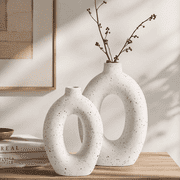 LE TAUCI Set of 2 Ceramic Donut Vases, White Speckled Matte Vases for Home Decor, 10.5" & 8.5" Hollow Round Flower Vase Set for Pampas Grass, Branches, Living R