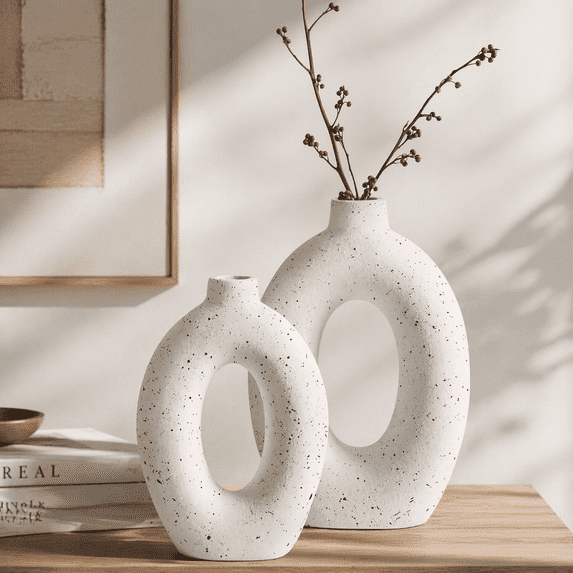 LE TAUCI Set of 2 Ceramic Donut Vases, White Speckled Matte Vases for Home Decor, 10.5" & 8.5" Hollow Round Flower Vase Set for Pampas Grass, Branches, Living Room, Shelf, Table, Farmhouse Boho Decor