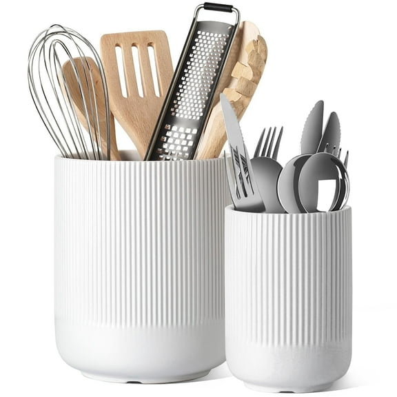 LE TAUCI Set of 2 Utensil Holder, 7.3"+5.4" Ceramic Crocks for Kitchen, Cooking Organizer & Plant Pots, White Kitchen Organizer