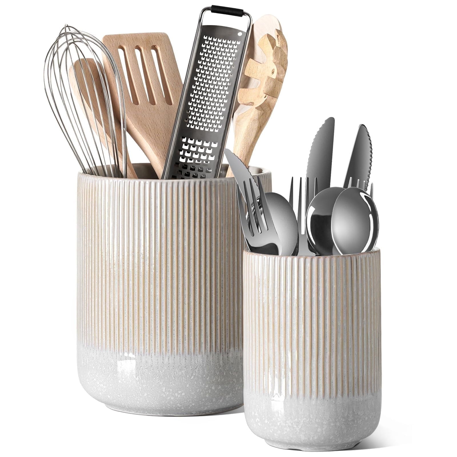 LE TAUCI Set of 2 Utensil Holder, 7.3"+5.4" Ceramic Crocks for Kitchen, Cooking Organizer & Plant Pots