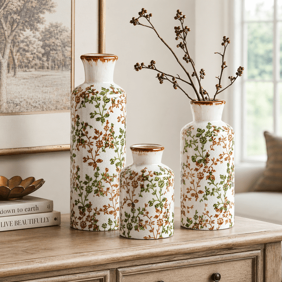 LE TAUCI Vases, 9.8 7.3 5.0 inch Ceramic Vase, Ivory Green & Brown Floral Vase for Home Decor, Vintage Farmhouse Decorative Flower Vases for Table, Bookshelf, Living Room, Bedroom & Entryway