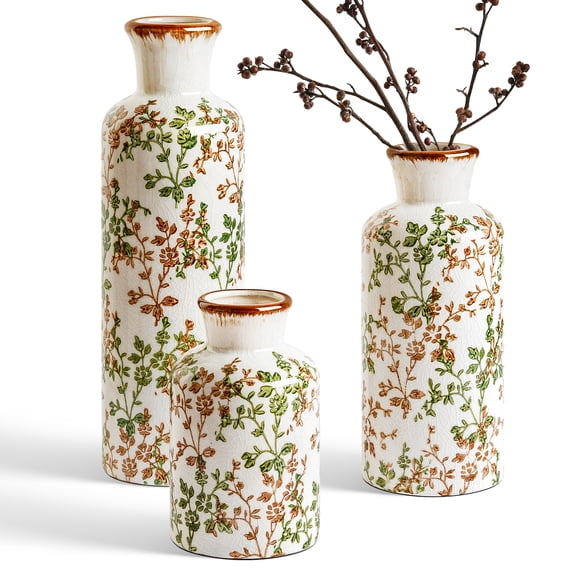 LE TAUCI Ceramic Vases, 9.8"+ 7.3" & 5.0" Floral Crackle Glazed Decorative Vases for Home Decor, Vintage Farmhouse Flower Vase Living Room, Bedroom, Dining Table, Shelf & Entryway, Set of 3