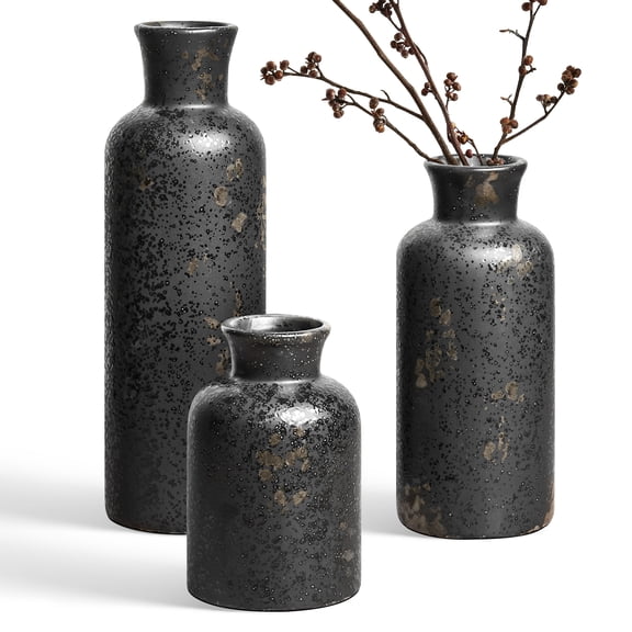 LE TAUCI Ceramic Vase Set of 3, Black Decorative Vases for Home Decor, Rustic Modern Bottle Vase Set for Living Room, Bedroom, Dining Table, Shelf, Mantel & Entryway