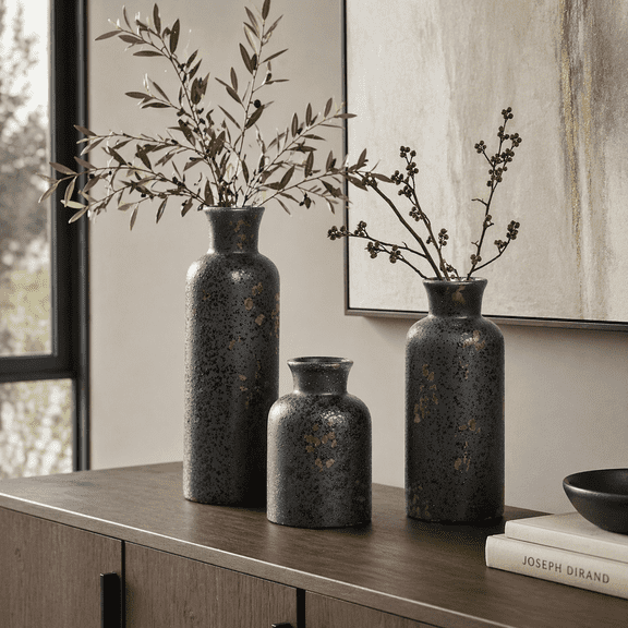 LE TAUCI Set of 3 Ceramic Vase , Black Decorative Vases for Home Decor, Rustic Modern Bottle Vase Set for Living Room, Bedroom, Dining Table, Shelf, Mantel & Entryway