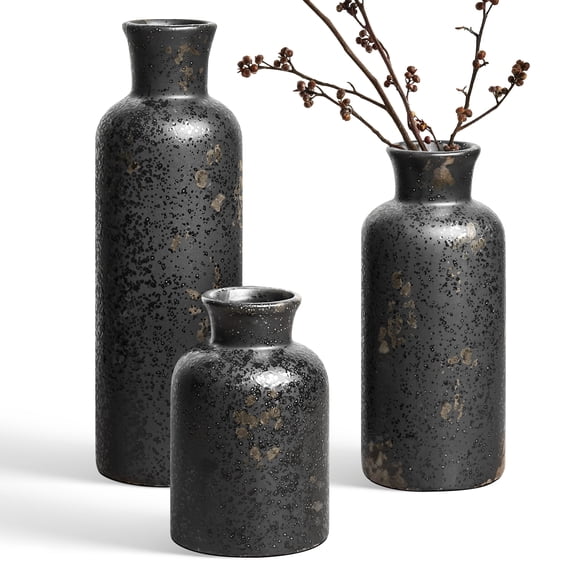 LE TAUCI Ceramic Vase Set of 3, Black Decorative Vases for Home Decor, Rustic Modern Bottle Vase Set for Living Room, Bedroom, Dining Table, Shelf, Mantel & Entryway