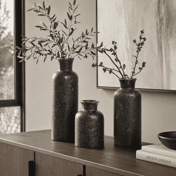 LE TAUCI Set of 3 Ceramic Vase , Black Decorative Vases for Home Decor, Rustic Modern Bottle Vase Set for Living Room, Bedroom, Dining Table, Shelf, Mantel & Entryway