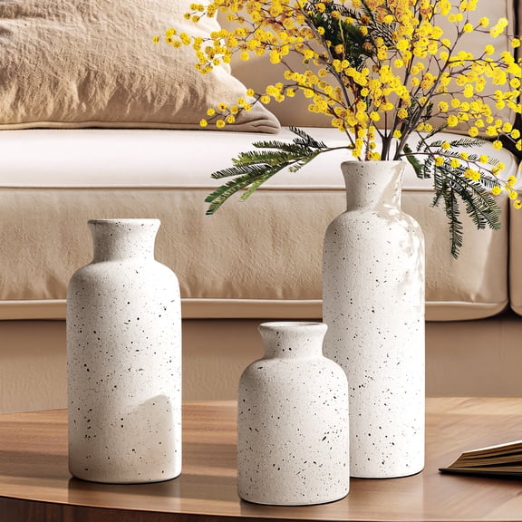 LE TAUCI Ceramic Vase Set of 3, 5.2/7.8/10.6 Inch White Speckled Decorative Vases for Flowers, Modern Farmhouse Boho Vases for Living Room, Dining Table, Bedroom, Entryway Shelf Decor Vase