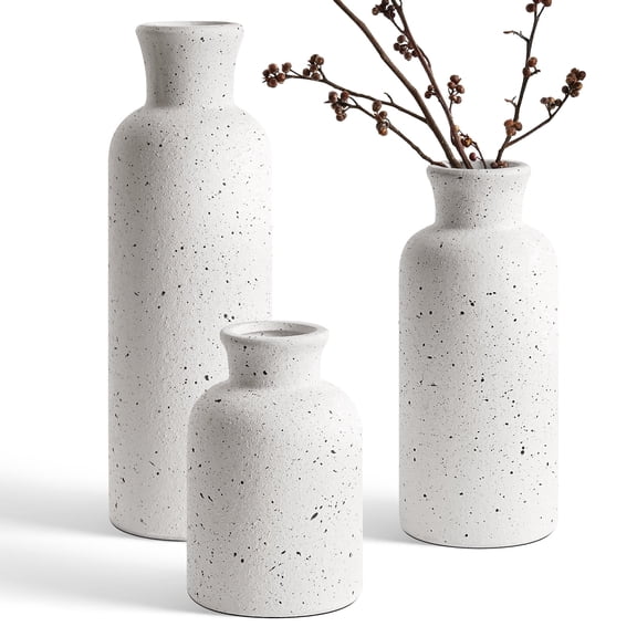 LE TAUCI Ceramic Vase Set of 3, 5.2/7.8/10.6 Inch White Speckled Decorative Vases for Flowers, Modern Farmhouse Boho Vases for Living Room, Dining Table, Bedroom, Entryway Shelf Decor Vase