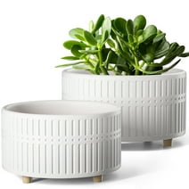 LE TAUCI Succulent Pots, 6.5+8 inch Ceramic Indoor Plant Pot with Drainage Hole, Modern Round Decorative Flower Pots, Gifts for Mom, Pack of 2, Crude White