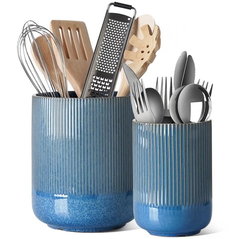 LE TAUCI Utensil Holder, 7.3"+5.4" Ceramic Utensil Crock, Plant Pots & Home Accessories, Pack of 2, Glaze Blue Serving Storage