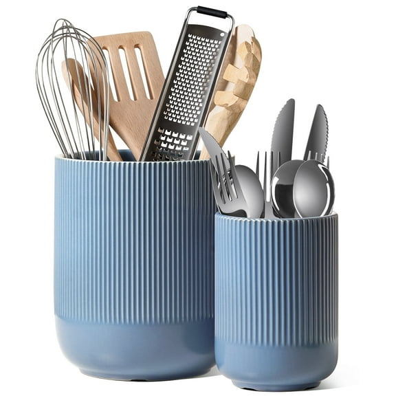 LE TAUCI 2-Pack Utensil Holders, 7.3" 5.4" Ceramic Crocks for Kitchen Storage, Dusty Blue Kitchen Utensil Holders
