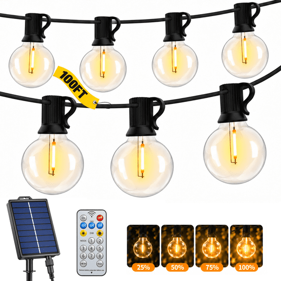 LEACUBER 100FT Solar String Lights Outdoor Waterproof with 8 Light Modes, Remote Dimmable Timer, LED Shatterproof G40 Bulbs, USB & Solar Powered Outdoor Lights for Backyard, Garden, Camping