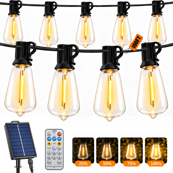 LEACUBER 100FT Solar String Lights Outdoor Waterproof, 8 Light Modes, Remote Dimmable & Timer, LED Shatterproof ST38 Bulbs, USB & Solar Powered for Backyard, Garden, Camping & Christmas Decor