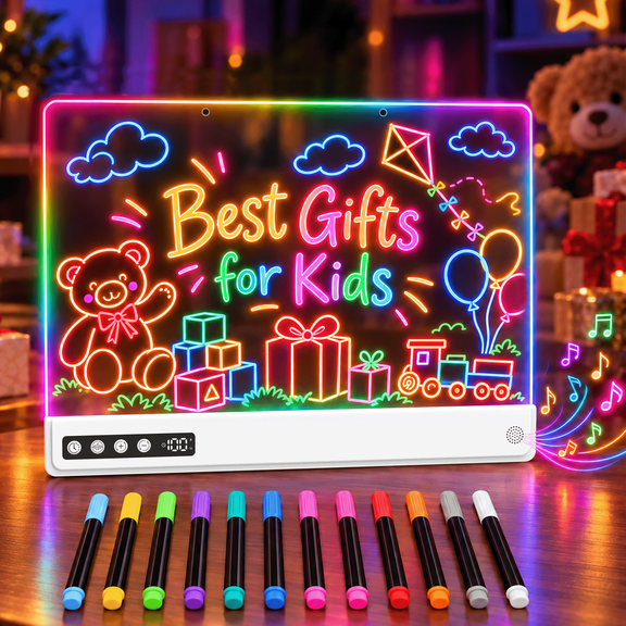LEACUBER Rechargeable LED Drawing Board for Kids with Music, 20 Lighting Modes, Smart Timer & Stepless Dimming, Light Up Drawing Board Birthday Christmas Gift for Girls Boys