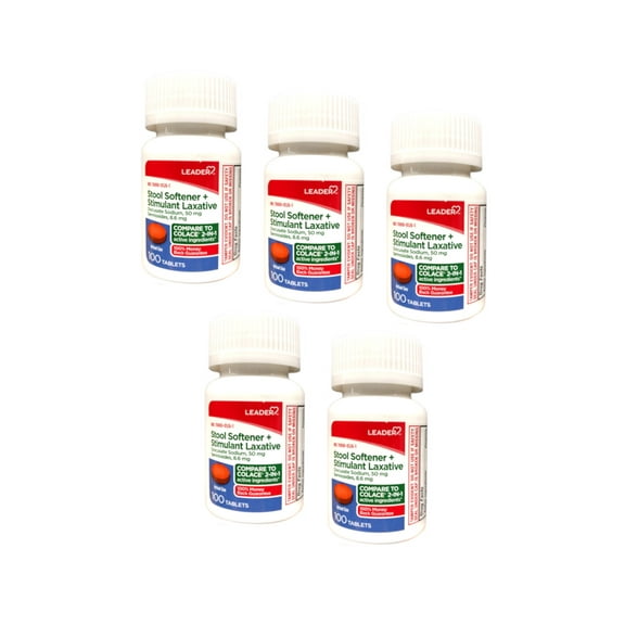 Leader Stool Softener + Stimulant Laxative Relieves Constipation Docusate Sodium, Sennosides, 100 Tablets - 5 Pack