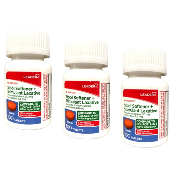 Leader Stool Softener Stimulant Laxative Relieves Constipation Docusate Sodium, Sennosides, 100 Tablets - 3 Pack