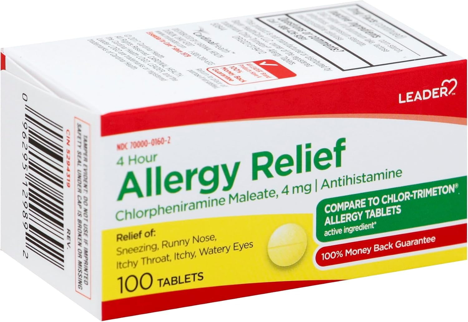 LEADER 4 Hour Allergy Relief, Chlorpheniramine Maleate 4 mg, Antihistamine, for Adults, Both Men \u0026 Women, and Children Ages 6+, 100 Tablets, Pack of 1