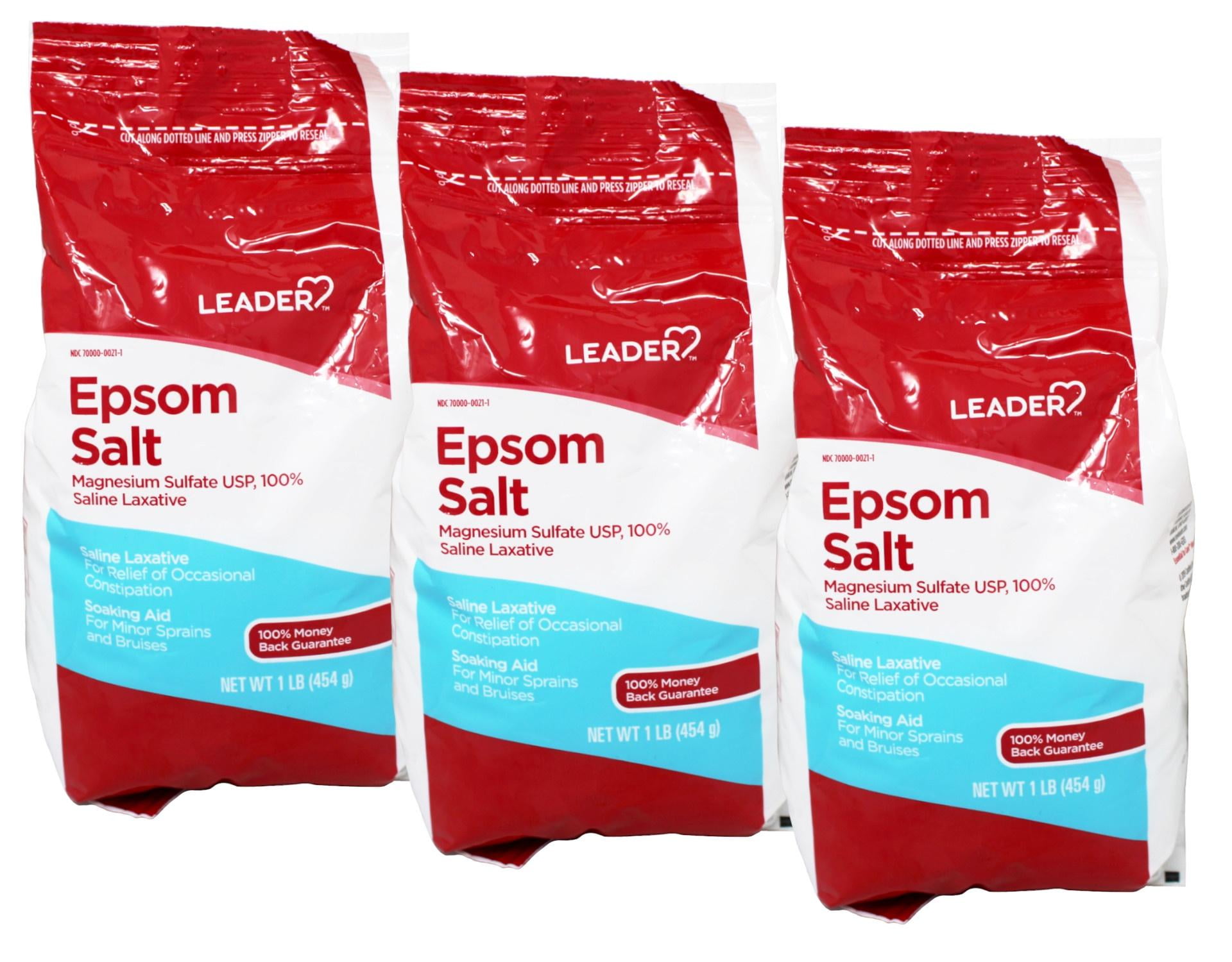 LEADER Epsom Salt Soaking Aid, Magnesium Sulfate Saline Laxative, Ideal for Relaxation, Muscle Recovery, Resealable Bag, 1 lb - 3 Pack