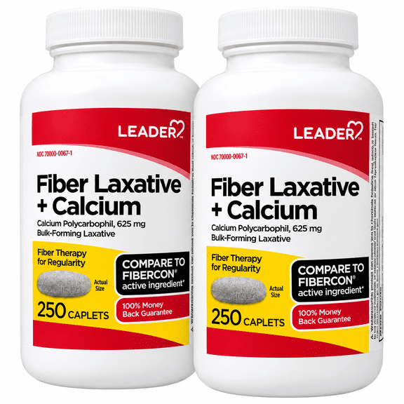LEADER Fiber Laxative and Calcium 625 mg, 250 Count Caplets 2 Pack