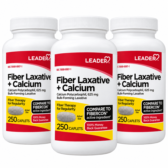LEADER Fiber Laxative and Calcium 625 mg, 250 Count Caplets 3 Pack