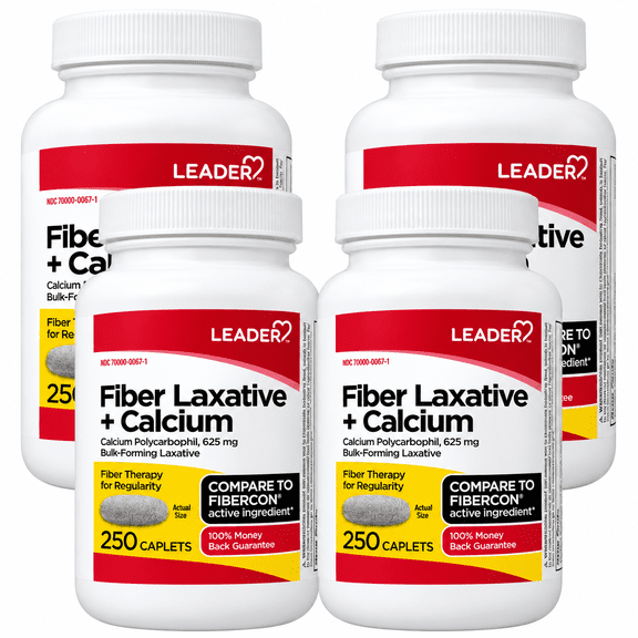 LEADER Fiber Laxative and Calcium 625 mg, 250 Count Caplets 4 Pack