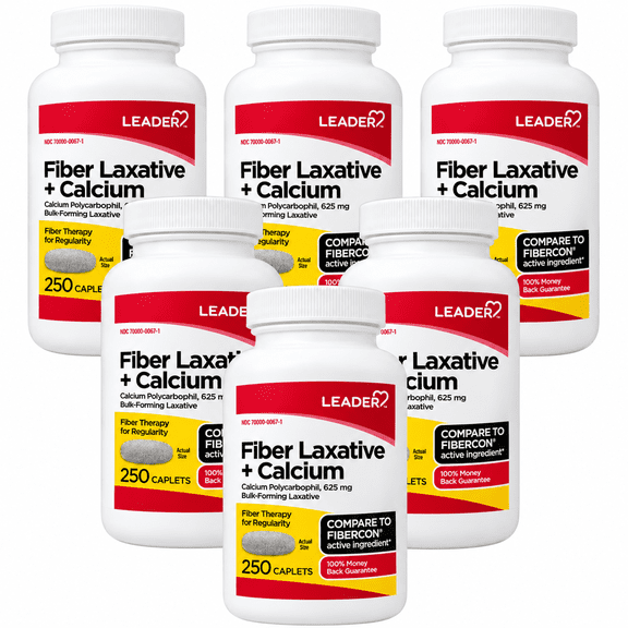 LEADER Fiber Laxative and Calcium 625 mg, 250 Count Caplets 6 Pack
