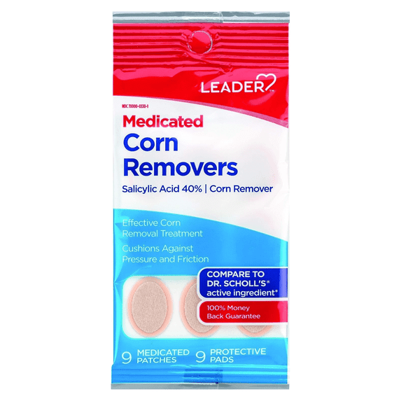 LEADER Medicated Corn Removers, Salicylic Acid 40%, Toe Corn Treatment Patches, All-Day Pain Relief, Cushion Protection Against Shoe Pressure and Friction, for Adults and Kids 10+, 9 Pads