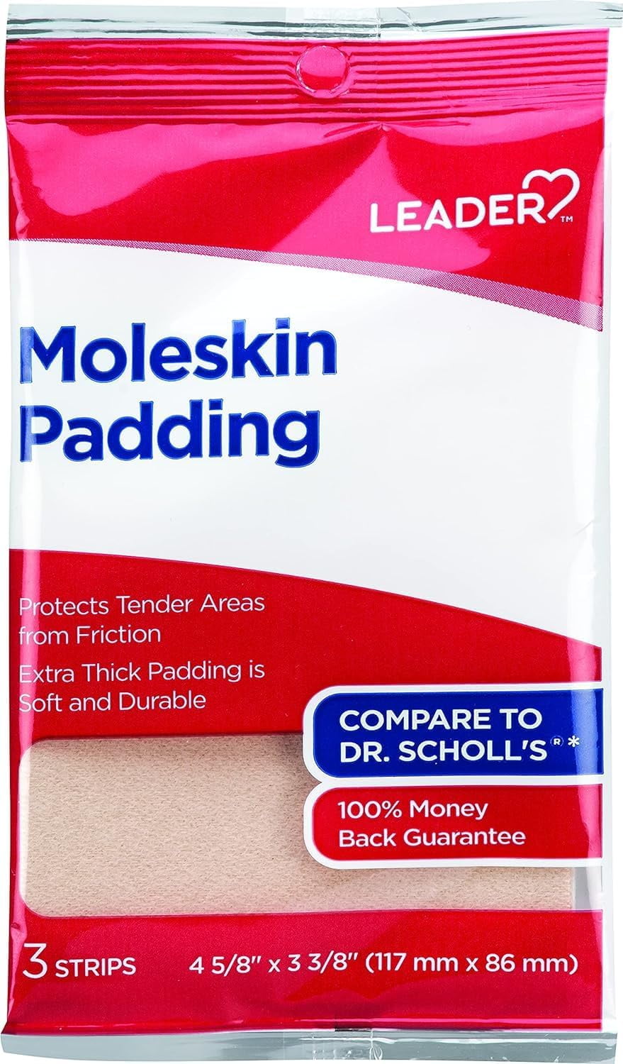 LEADER Moleskin Pads, Protects from Shoe Friction, Blisters, Corns, Calluses, Extra Thick Padding, Cushioning & Pain Relief, Trim Moleskin Sheets to Fit, Strip Size 4 5/8?? x 3 3/8??, 3 Strips