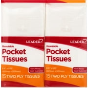 LEADER Resealable Pocket Tissues, 2-Ply Soft Facial Tissues, Pure Cotton, On-The-Go, Travel Size, No Lotion, 16 packets of 15 (Total 240 tissues)