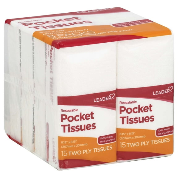 LEADER Soft 2-Ply Facial Tissues Pocket Packs, Pure Cotton, On-The-Go Travel Size, Resealable, 24 Packs of 15 (360 Tissues)