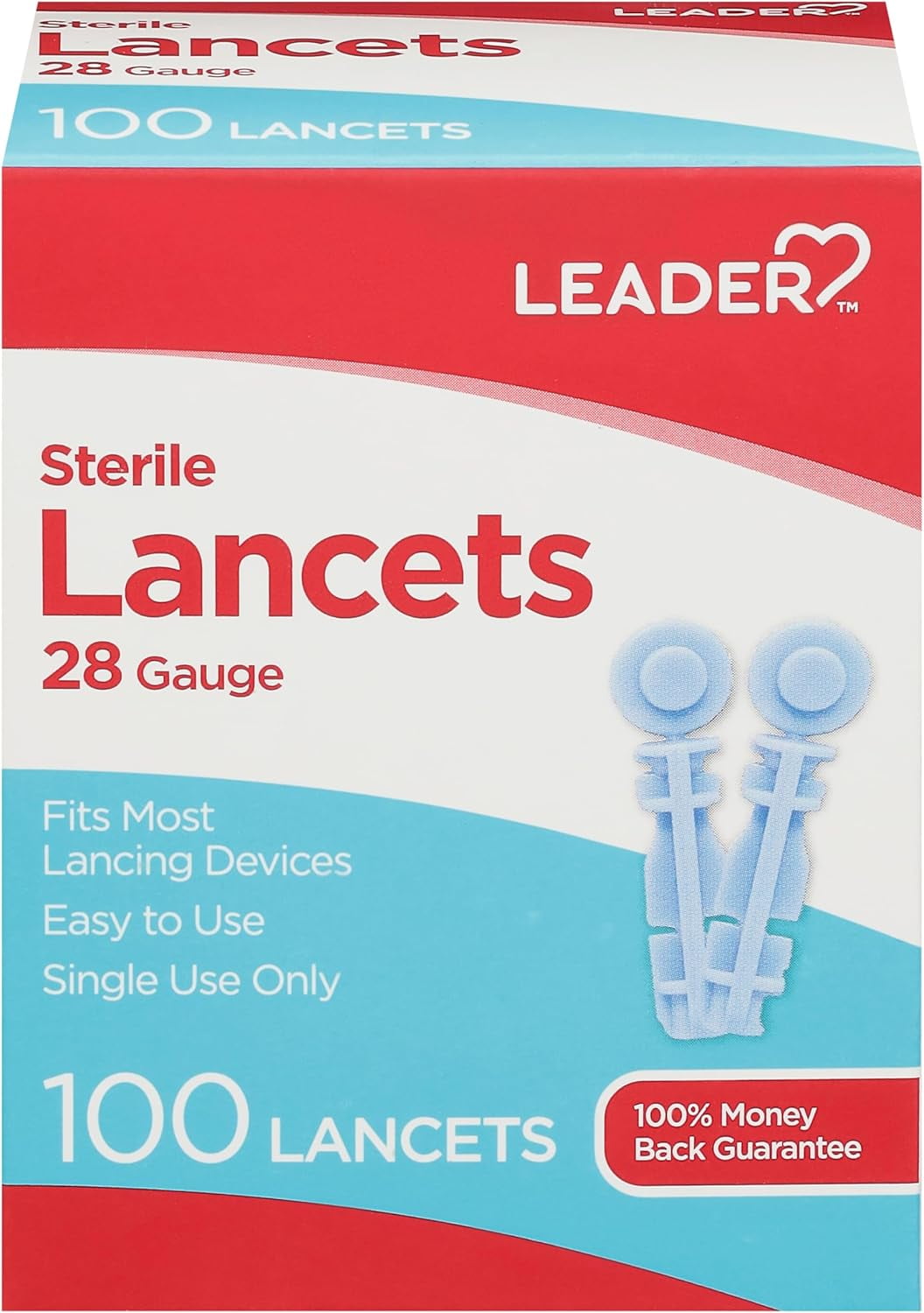 LEADER Sterile Lancets, Ultra Thin 28 Gauge, Single Use, Universal Designed for Diabetic Blood Glucose Testing, 100 Count Per Box Lancets, 1-Box
