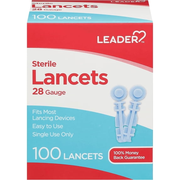 LEADER Sterile Lancets, Ultra Thin 28 Gauge, Single Use, Universal Designed for Diabetic Blood Glucose Testing, 100 Count Per Box Lancets, 1-Box