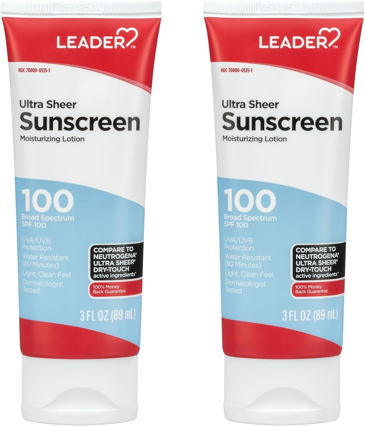 LEADER Travel Sunscreen SPF 100+, Ultra Sheer Dry-Touch Water Resistant and Non-Greasy Lotion with Broad Spectrum SPF 100+, 3 Fl Oz (2 Pack)
