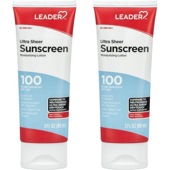 LEADER Travel Sunscreen SPF 100+, Ultra Sheer Dry-Touch Water Resistant and Non-Greasy Lotion with Broad Spectrum SPF 100+, 3 Fl Oz (2 Pack)