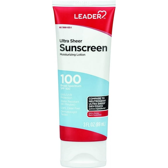 LEADER Travel Sunscreen SPF 100+, Ultra Sheer Dry-Touch Water Resistant and Non-Greasy Lotion with Broad Spectrum SPF 100+, 3 Fl Oz