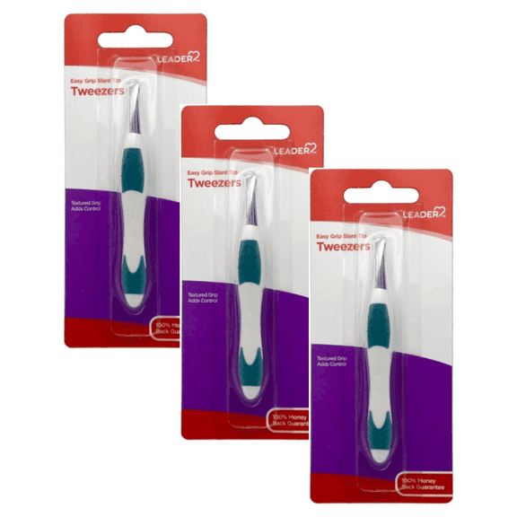 LEADER Tweezers Slant Tip Precision, Easy Grip, Non-Slip Rubber, Stainless Steel, Great Precision for Eyebrows, Facial Hair, Splinter and Ingrown Hair Removal - 3 Pack