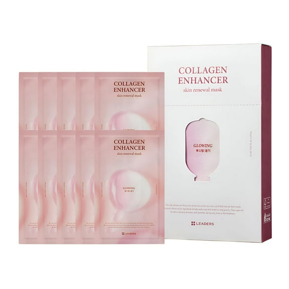 LEADERS Collagen Enhancer Skin Renewal Mask – Boosts Elasticity, Firmness & Hydration for a Plump – Hydrating Face Mask with Hydrolyzed Collagen, Plant Extracts, & Moisture-Rich Formula – 10 Sheets