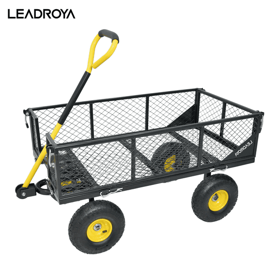 Leadroya Heavy Duty Steel Dump Garden Cart, 900lbs Capacity, with Removable Sides and 10 inch Tire and 180° Handle, Suit for Beaches, Gardens, and Lawns, Black/Yellow